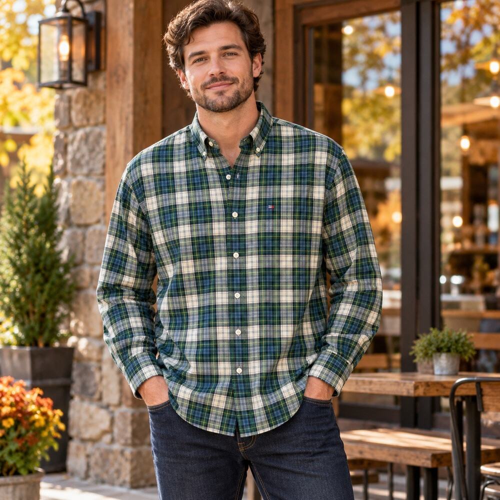 Ralph Lauren Jeans Co Mens L Green Blue Plaid Cotton Button Down Shirt